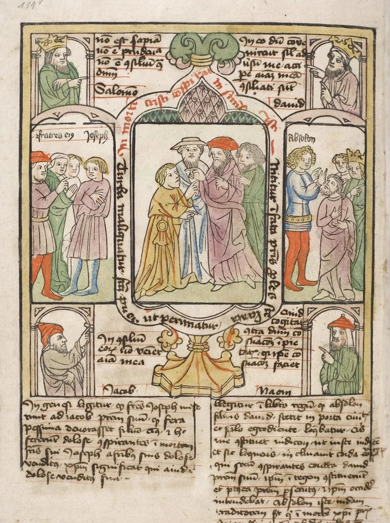 An illustration from 'Heidelberger Bilderkatechismus' (Handschrift) ; Biblia pauperum (Blockbuch) ; Totentanz (Blockbuch) u.a., 1455, leaf 248