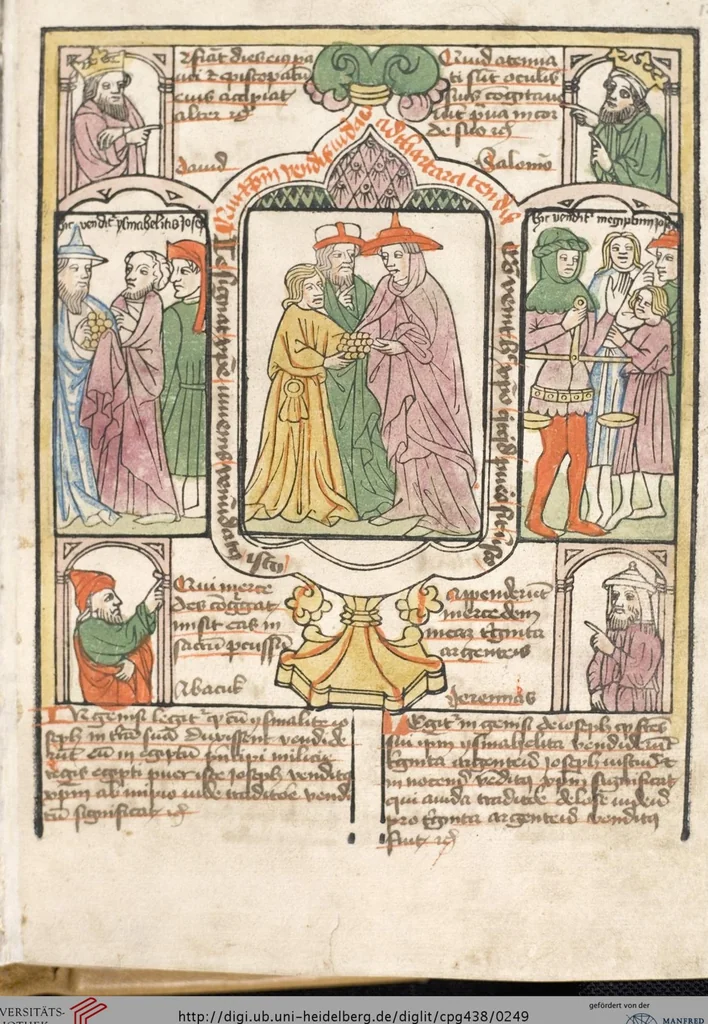 An illustration from 'Heidelberger Bilderkatechismus' (Handschrift) ; Biblia pauperum (Blockbuch) ; Totentanz (Blockbuch) u.a., 1455, leaf 249