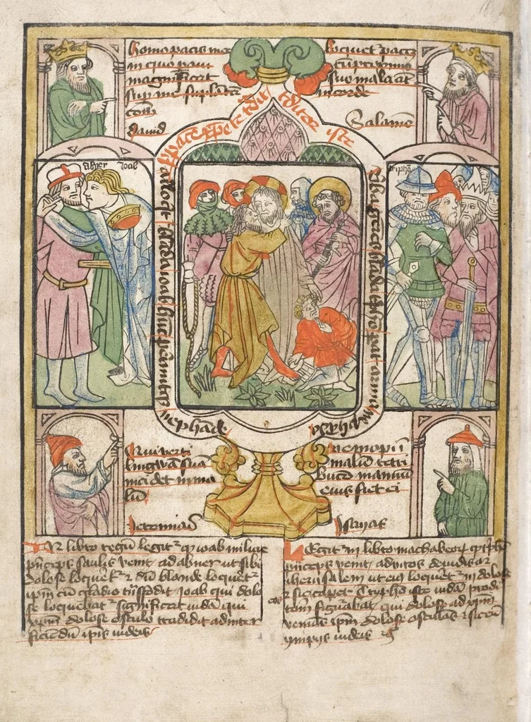An illustration from 'Heidelberger Bilderkatechismus' (Handschrift) ; Biblia pauperum (Blockbuch) ; Totentanz (Blockbuch) u.a., 1455, leaf 250