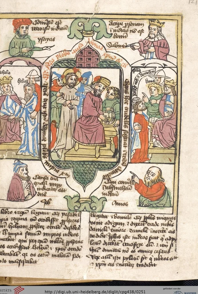 An illustration from 'Heidelberger Bilderkatechismus' (Handschrift) ; Biblia pauperum (Blockbuch) ; Totentanz (Blockbuch) u.a., 1455, leaf 251