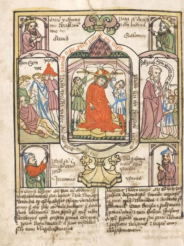 An illustration from 'Heidelberger Bilderkatechismus' (Handschrift) ; Biblia pauperum (Blockbuch) ; Totentanz (Blockbuch) u.a., 1455, leaf 252