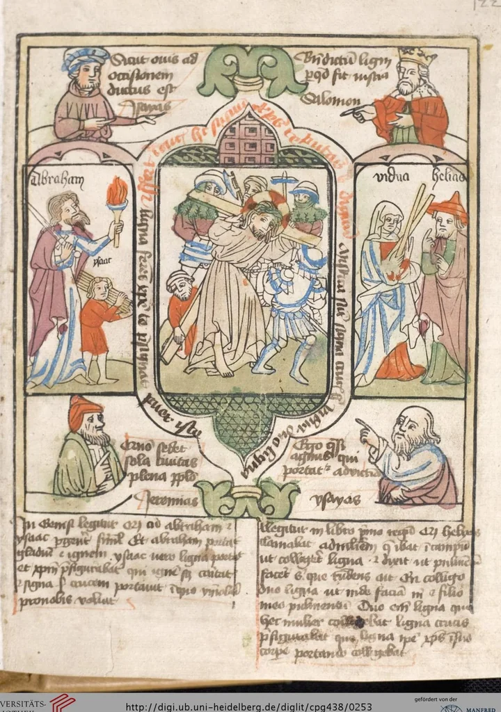 An illustration from 'Heidelberger Bilderkatechismus' (Handschrift) ; Biblia pauperum (Blockbuch) ; Totentanz (Blockbuch) u.a., 1455, leaf 253