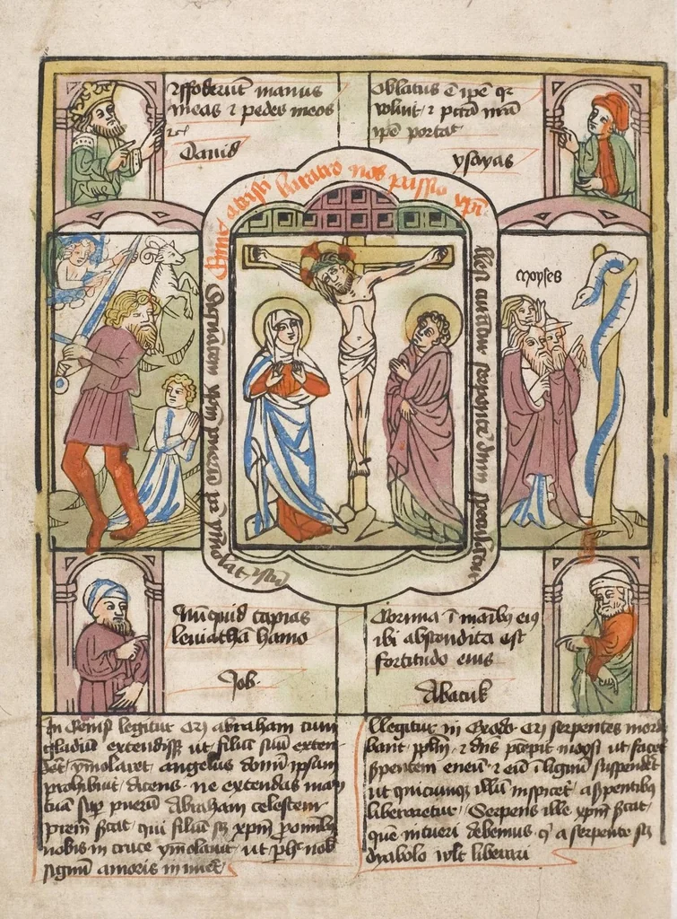 An illustration from 'Heidelberger Bilderkatechismus' (Handschrift) ; Biblia pauperum (Blockbuch) ; Totentanz (Blockbuch) u.a., 1455, leaf 254