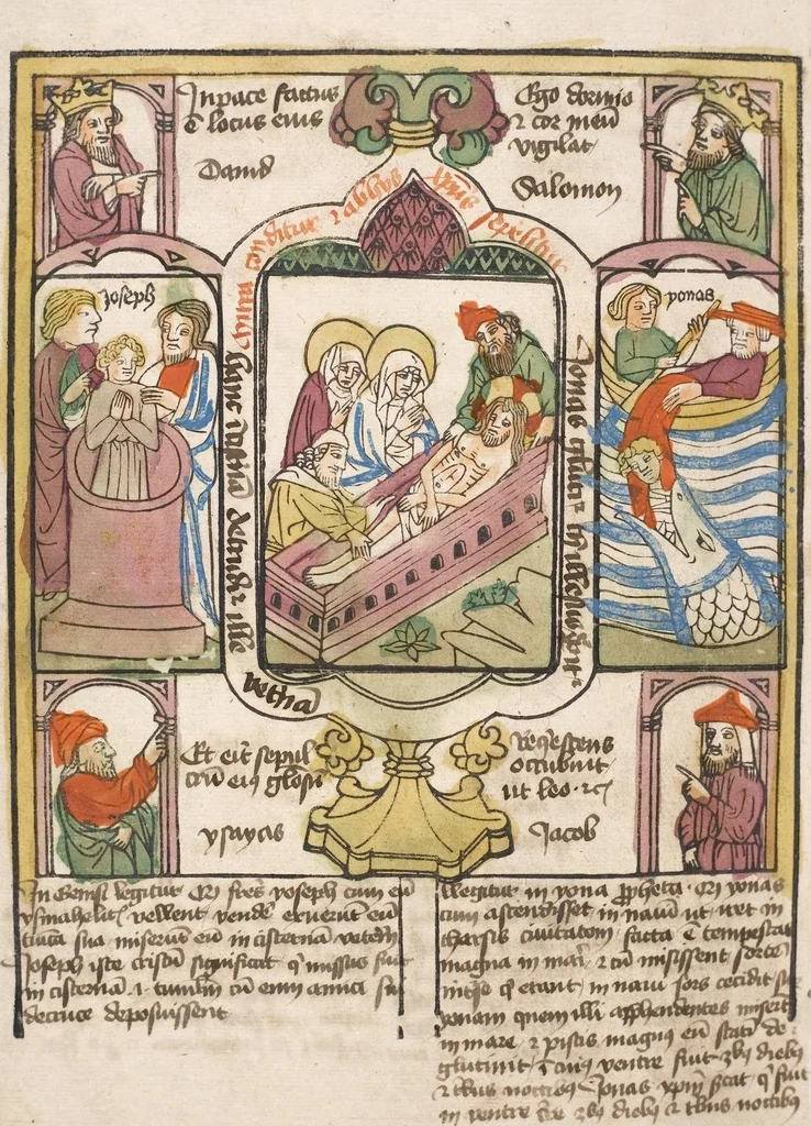 An illustration from 'Heidelberger Bilderkatechismus' (Handschrift) ; Biblia pauperum (Blockbuch) ; Totentanz (Blockbuch) u.a., 1455, leaf 256