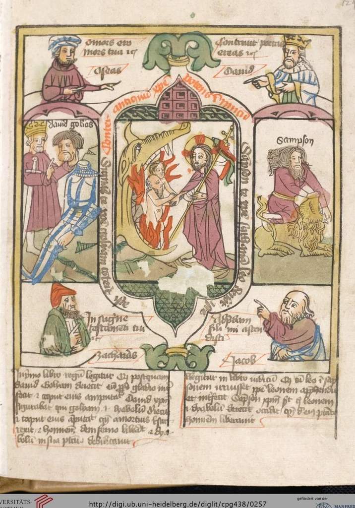 An illustration from 'Heidelberger Bilderkatechismus' (Handschrift) ; Biblia pauperum (Blockbuch) ; Totentanz (Blockbuch) u.a., 1455, leaf 257