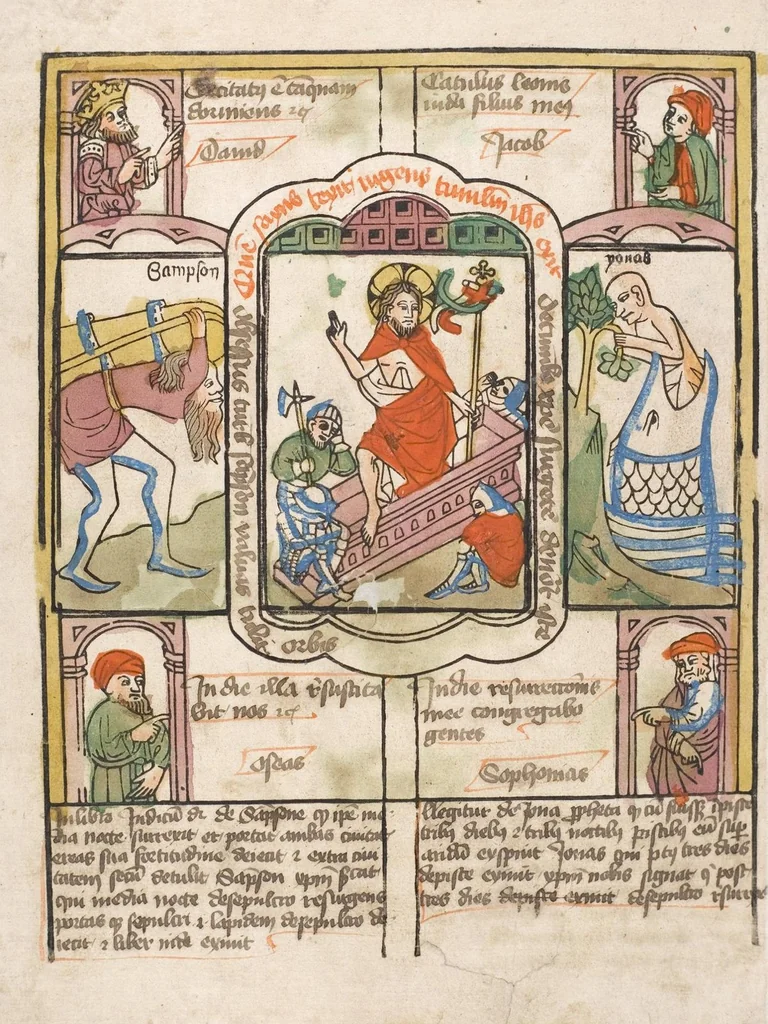 An illustration from 'Heidelberger Bilderkatechismus' (Handschrift) ; Biblia pauperum (Blockbuch) ; Totentanz (Blockbuch) u.a., 1455, leaf 258