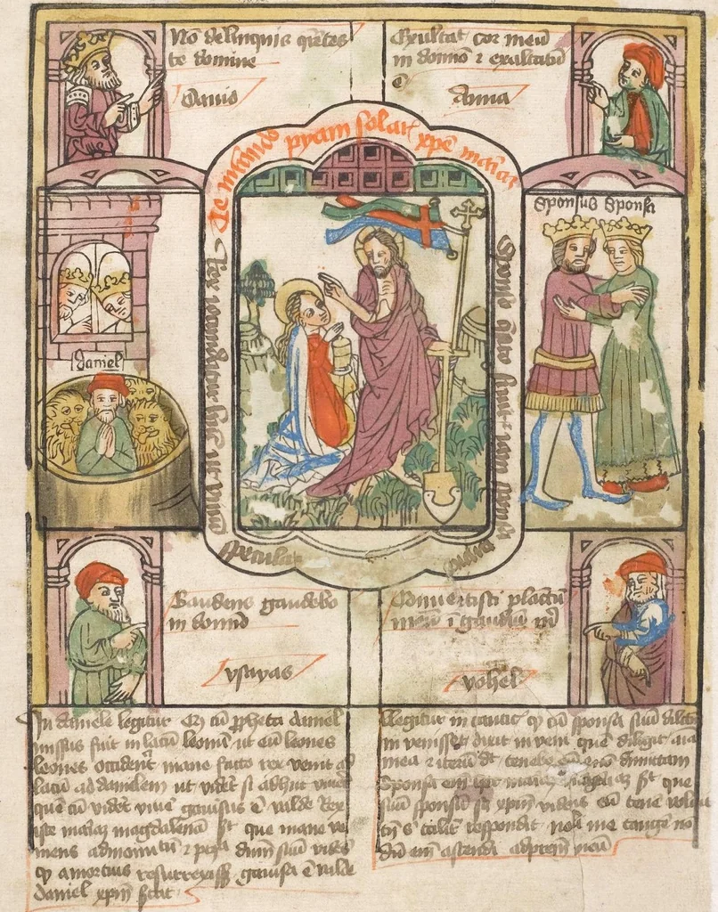 An illustration from 'Heidelberger Bilderkatechismus' (Handschrift) ; Biblia pauperum (Blockbuch) ; Totentanz (Blockbuch) u.a., 1455, leaf 260