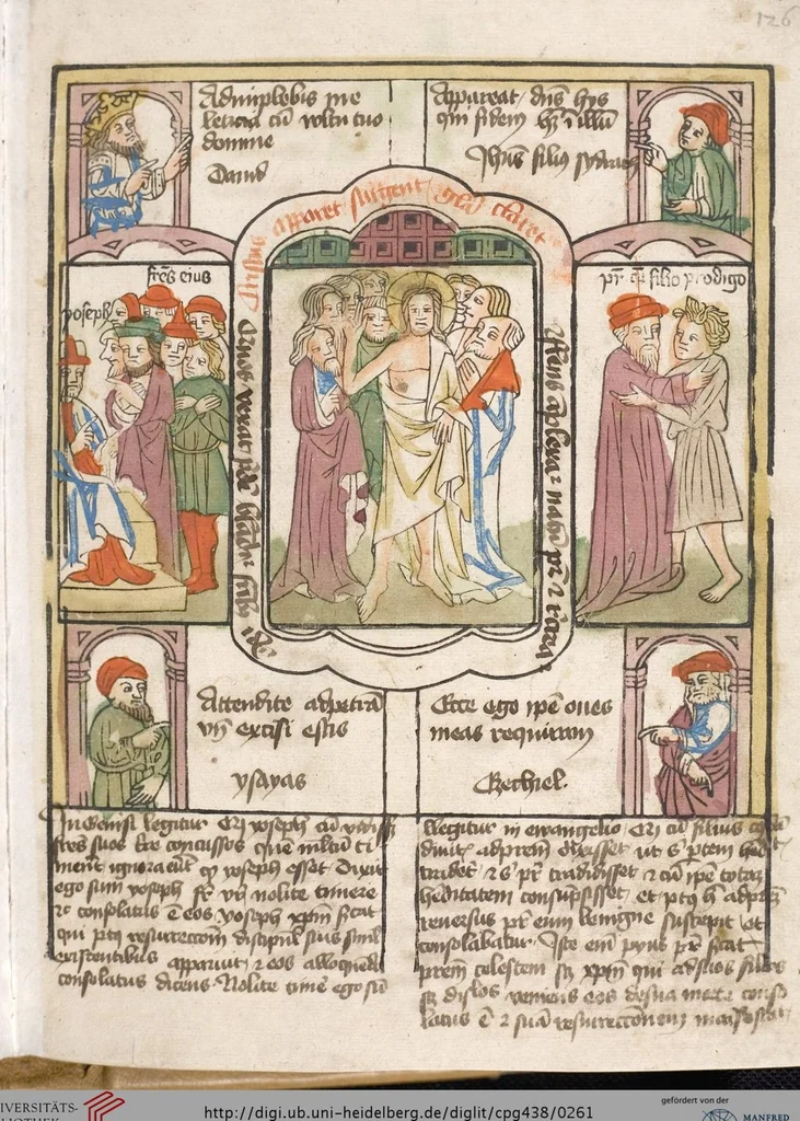 An illustration from 'Heidelberger Bilderkatechismus' (Handschrift) ; Biblia pauperum (Blockbuch) ; Totentanz (Blockbuch) u.a., 1455, leaf 261