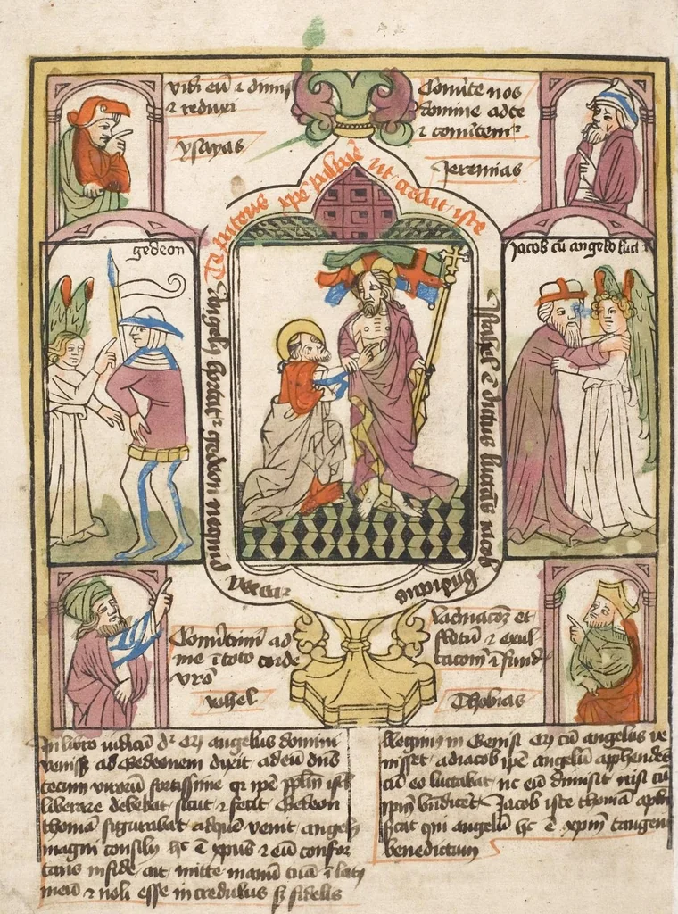 An illustration from 'Heidelberger Bilderkatechismus' (Handschrift) ; Biblia pauperum (Blockbuch) ; Totentanz (Blockbuch) u.a., 1455, leaf 262