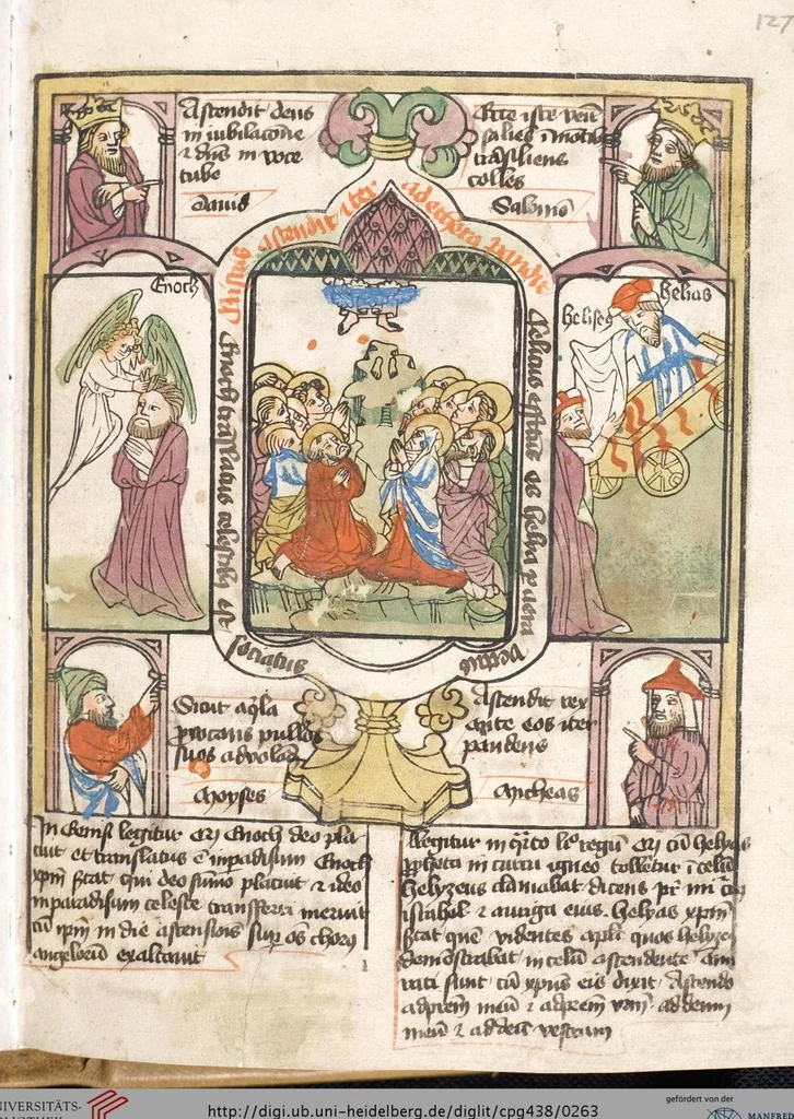 An illustration from 'Heidelberger Bilderkatechismus' (Handschrift) ; Biblia pauperum (Blockbuch) ; Totentanz (Blockbuch) u.a., 1455, leaf 263