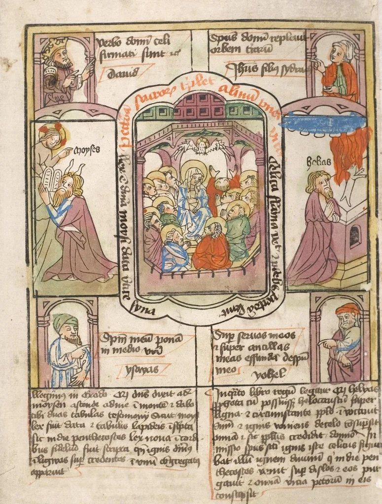 An illustration from 'Heidelberger Bilderkatechismus' (Handschrift) ; Biblia pauperum (Blockbuch) ; Totentanz (Blockbuch) u.a., 1455, leaf 264
