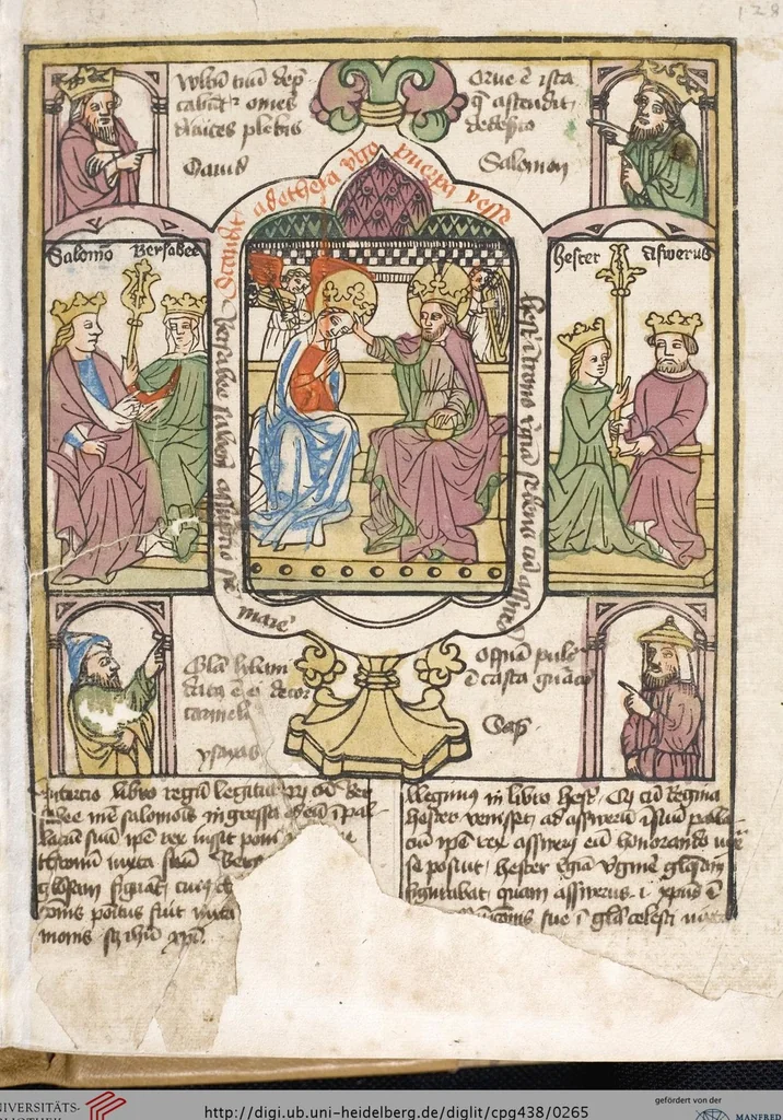 An illustration from 'Heidelberger Bilderkatechismus' (Handschrift) ; Biblia pauperum (Blockbuch) ; Totentanz (Blockbuch) u.a., 1455, leaf 265