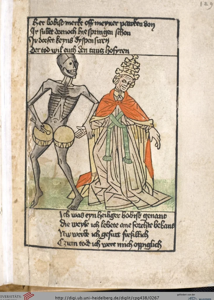 An illustration from 'Heidelberger Bilderkatechismus' (Handschrift) ; Biblia pauperum (Blockbuch) ; Totentanz (Blockbuch) u.a., 1455, leaf 267