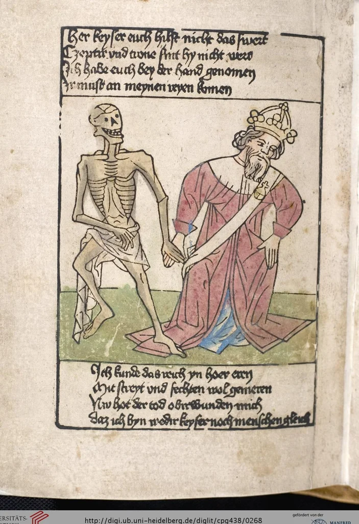 An illustration from 'Heidelberger Bilderkatechismus' (Handschrift) ; Biblia pauperum (Blockbuch) ; Totentanz (Blockbuch) u.a., 1455, leaf 268