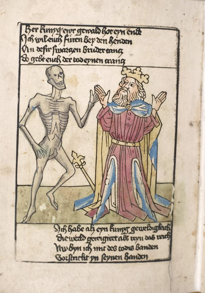 An illustration from 'Heidelberger Bilderkatechismus' (Handschrift) ; Biblia pauperum (Blockbuch) ; Totentanz (Blockbuch) u.a., 1455, leaf 270