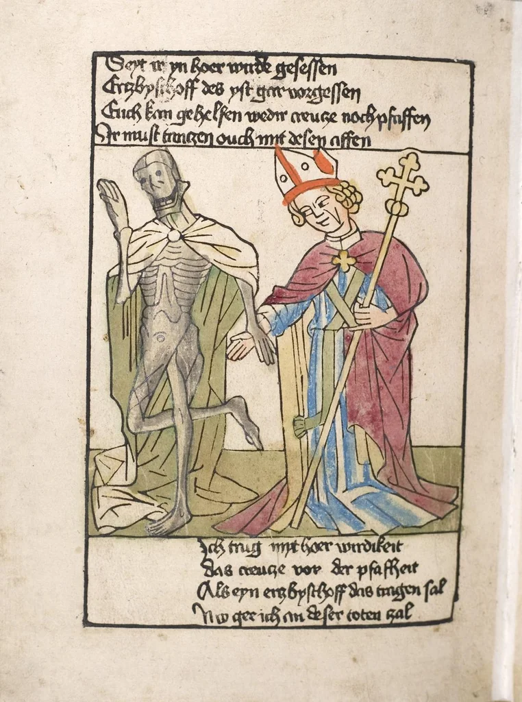 An illustration from 'Heidelberger Bilderkatechismus' (Handschrift) ; Biblia pauperum (Blockbuch) ; Totentanz (Blockbuch) u.a., 1455, leaf 272
