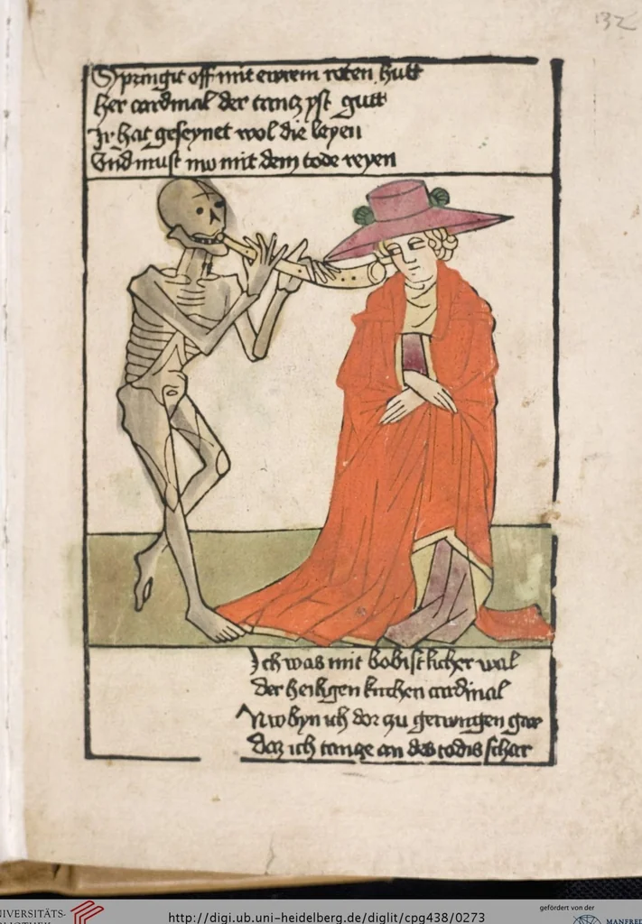 An illustration from 'Heidelberger Bilderkatechismus' (Handschrift) ; Biblia pauperum (Blockbuch) ; Totentanz (Blockbuch) u.a., 1455, leaf 273