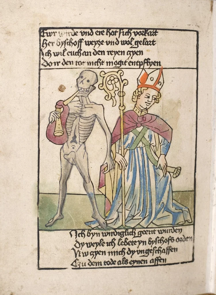 An illustration from 'Heidelberger Bilderkatechismus' (Handschrift) ; Biblia pauperum (Blockbuch) ; Totentanz (Blockbuch) u.a., 1455, leaf 274