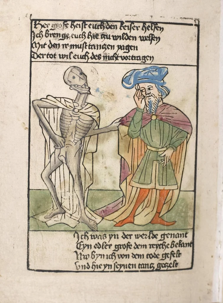 An illustration from 'Heidelberger Bilderkatechismus' (Handschrift) ; Biblia pauperum (Blockbuch) ; Totentanz (Blockbuch) u.a., 1455, leaf 276