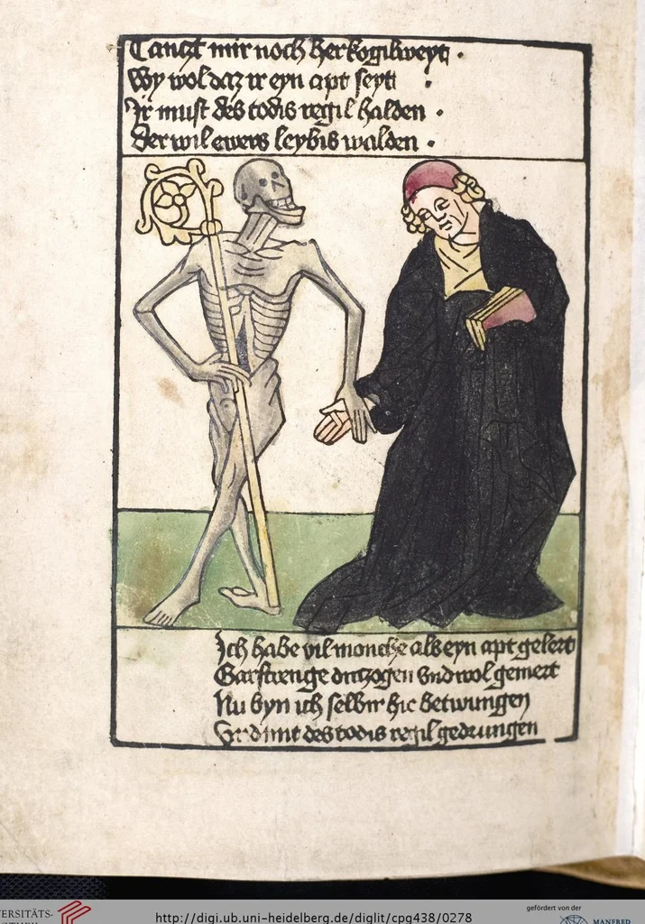 An illustration from 'Heidelberger Bilderkatechismus' (Handschrift) ; Biblia pauperum (Blockbuch) ; Totentanz (Blockbuch) u.a., 1455, leaf 278