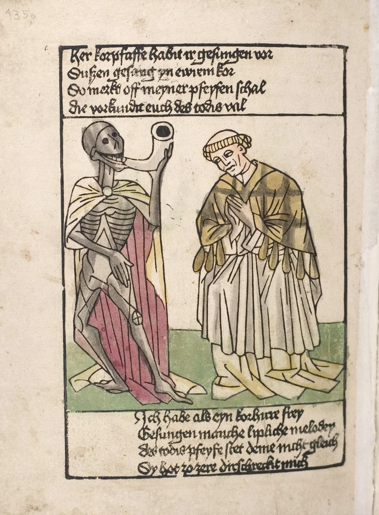 An illustration from 'Heidelberger Bilderkatechismus' (Handschrift) ; Biblia pauperum (Blockbuch) ; Totentanz (Blockbuch) u.a., 1455, leaf 280