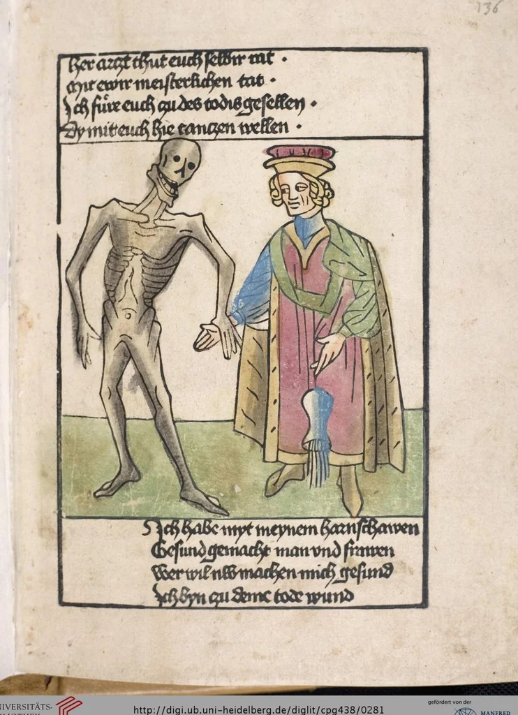 An illustration from 'Heidelberger Bilderkatechismus' (Handschrift) ; Biblia pauperum (Blockbuch) ; Totentanz (Blockbuch) u.a., 1455, leaf 281