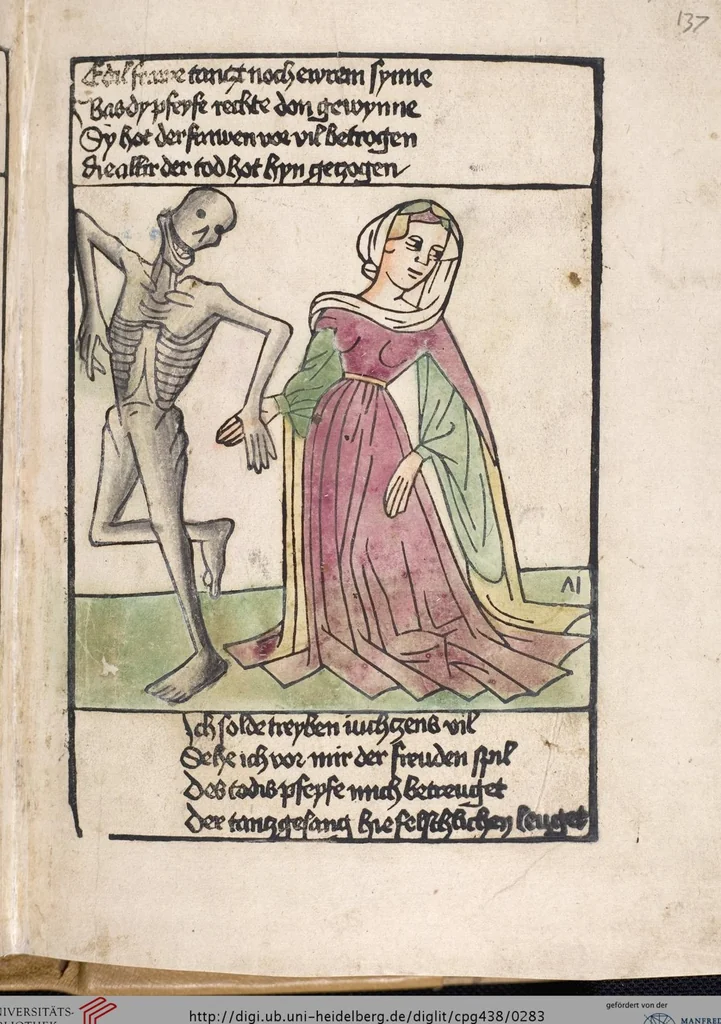 An illustration from 'Heidelberger Bilderkatechismus' (Handschrift) ; Biblia pauperum (Blockbuch) ; Totentanz (Blockbuch) u.a., 1455, leaf 283