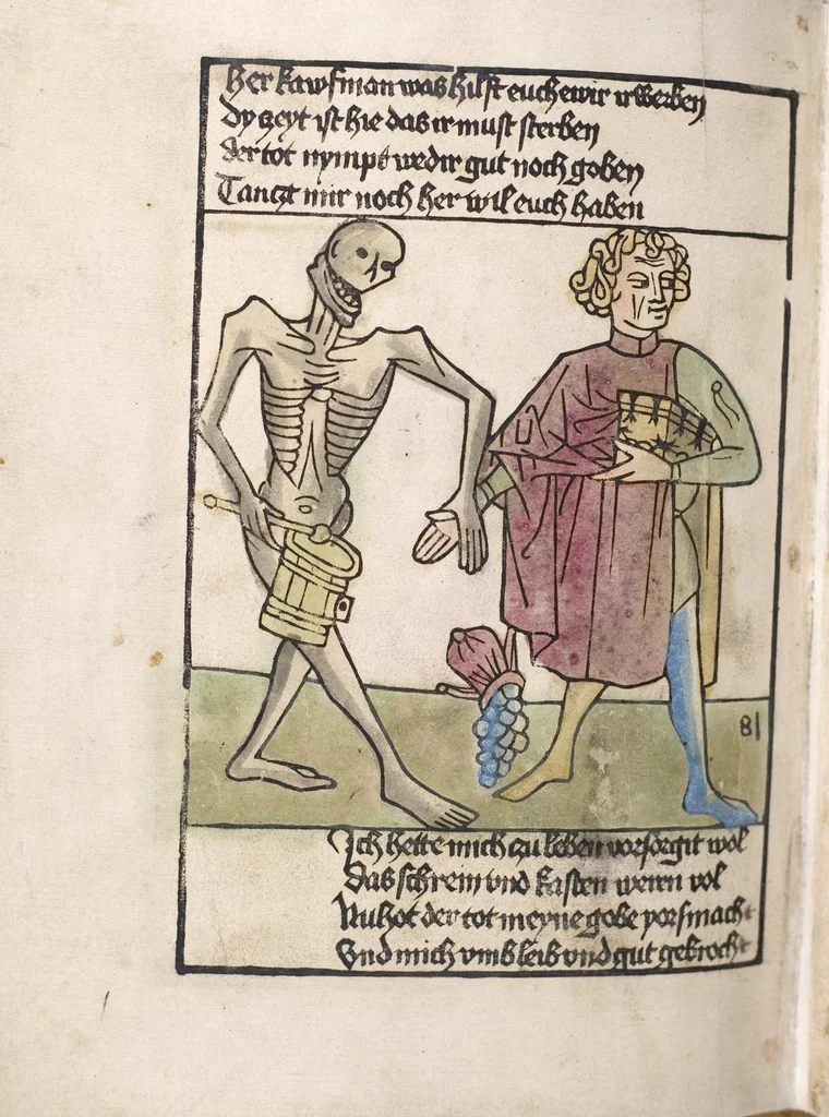 An illustration from 'Heidelberger Bilderkatechismus' (Handschrift) ; Biblia pauperum (Blockbuch) ; Totentanz (Blockbuch) u.a., 1455, leaf 284