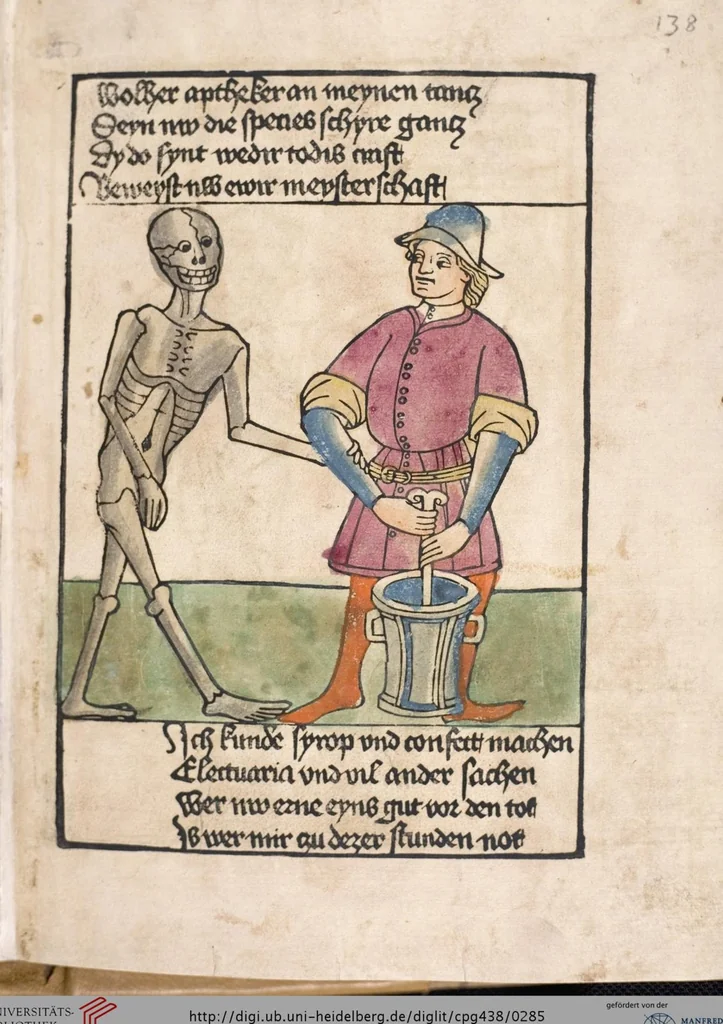 An illustration from 'Heidelberger Bilderkatechismus' (Handschrift) ; Biblia pauperum (Blockbuch) ; Totentanz (Blockbuch) u.a., 1455, leaf 285