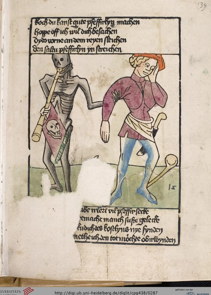 An illustration from 'Heidelberger Bilderkatechismus' (Handschrift) ; Biblia pauperum (Blockbuch) ; Totentanz (Blockbuch) u.a., 1455, leaf 287