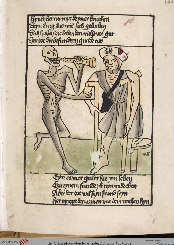 An illustration from 'Heidelberger Bilderkatechismus' (Handschrift) ; Biblia pauperum (Blockbuch) ; Totentanz (Blockbuch) u.a., 1455, leaf 289