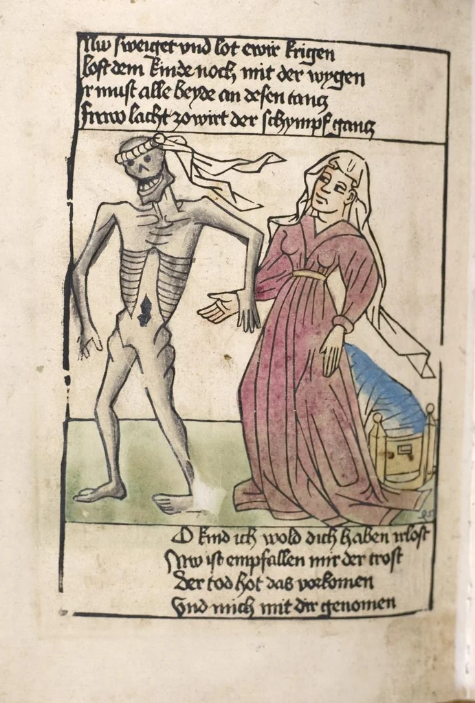 An illustration from 'Heidelberger Bilderkatechismus' (Handschrift) ; Biblia pauperum (Blockbuch) ; Totentanz (Blockbuch) u.a., 1455, leaf 290