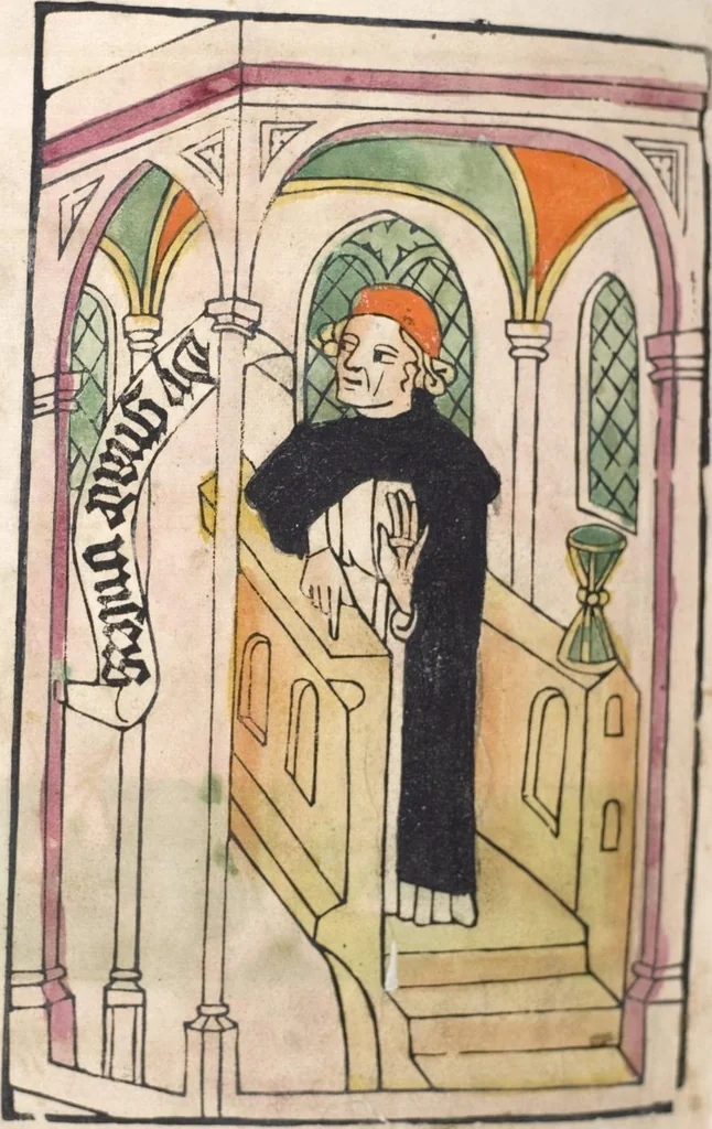 An illustration from 'Heidelberger Bilderkatechismus' (Handschrift) ; Biblia pauperum (Blockbuch) ; Totentanz (Blockbuch) u.a., 1455, leaf 292