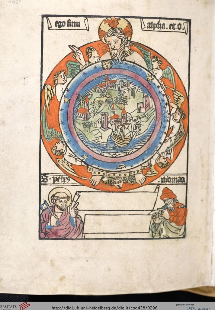 An illustration from 'Heidelberger Bilderkatechismus' (Handschrift) ; Biblia pauperum (Blockbuch) ; Totentanz (Blockbuch) u.a., 1455, leaf 296
