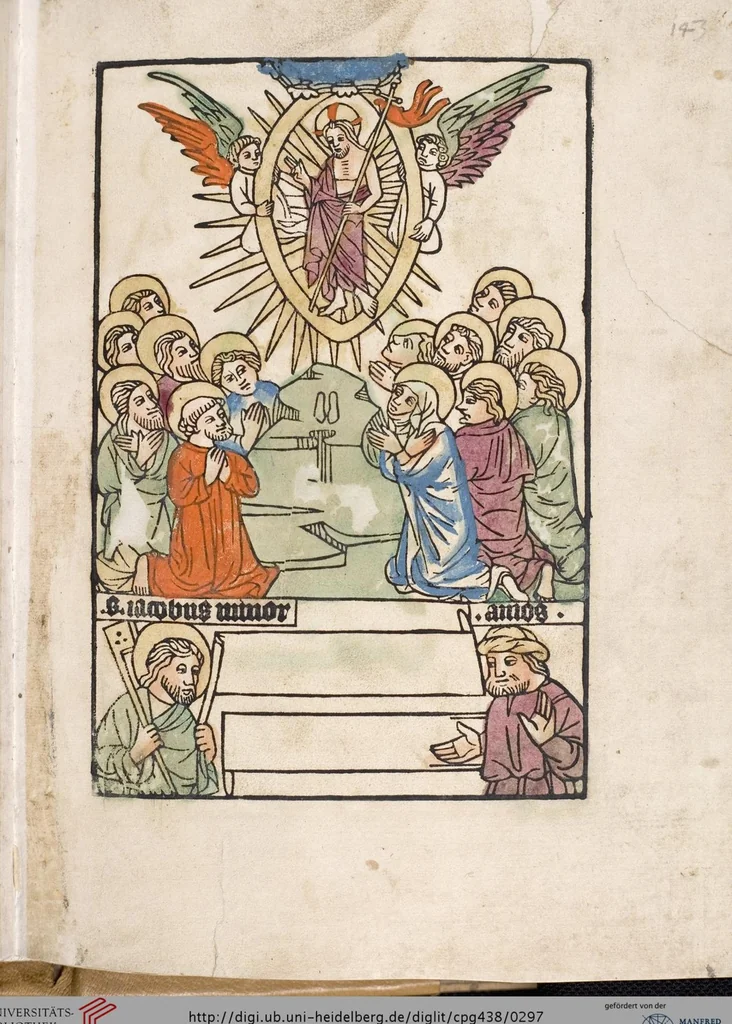 An illustration from 'Heidelberger Bilderkatechismus' (Handschrift) ; Biblia pauperum (Blockbuch) ; Totentanz (Blockbuch) u.a., 1455, leaf 297