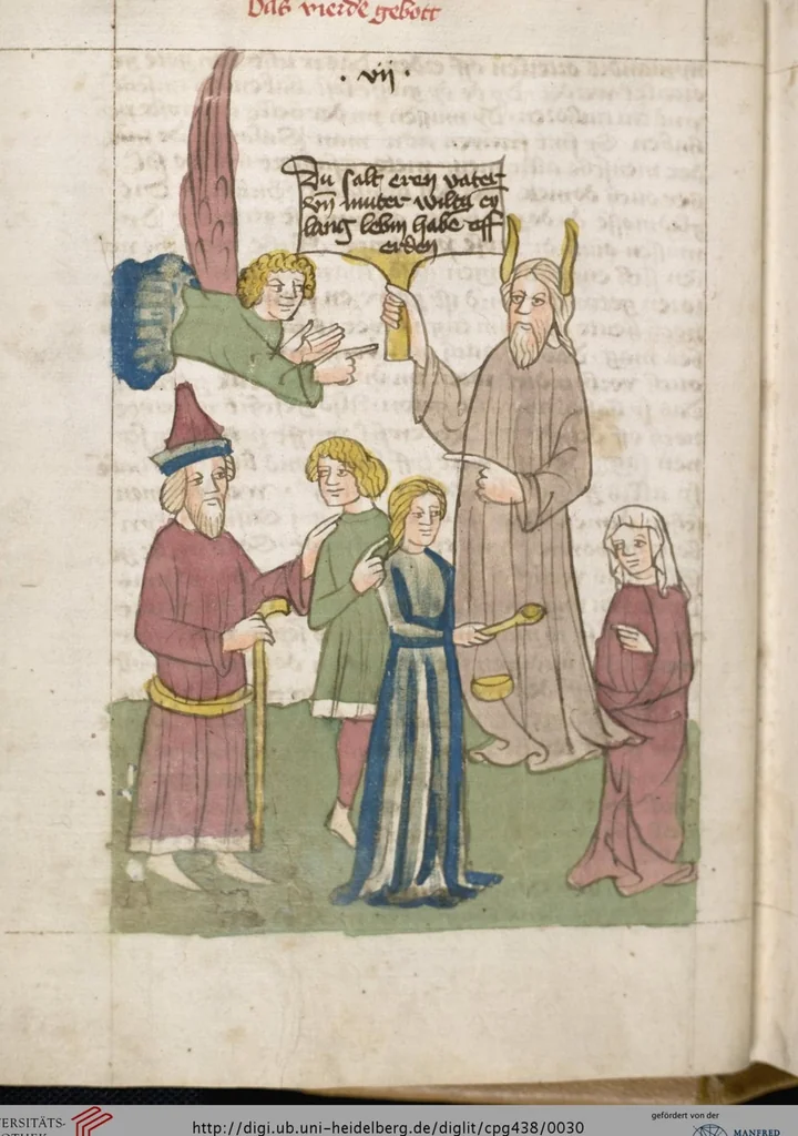 An illustration from 'Heidelberger Bilderkatechismus' (Handschrift) ; Biblia pauperum (Blockbuch) ; Totentanz (Blockbuch) u.a., 1455, leaf 30