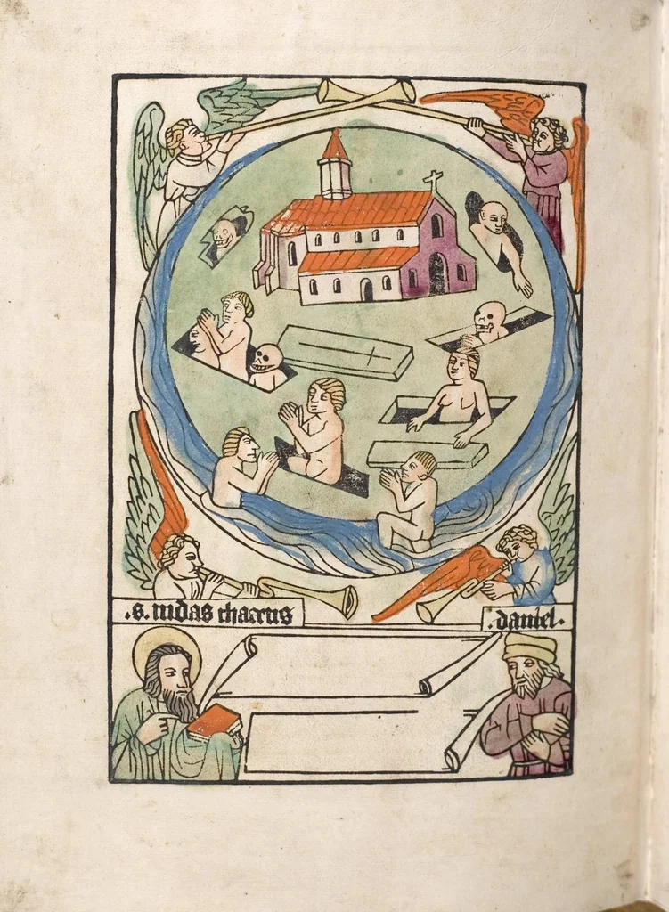 An illustration from 'Heidelberger Bilderkatechismus' (Handschrift) ; Biblia pauperum (Blockbuch) ; Totentanz (Blockbuch) u.a., 1455, leaf 302