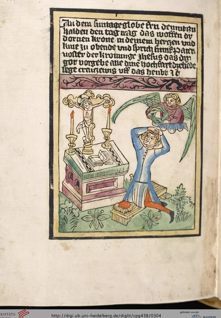 An illustration from 'Heidelberger Bilderkatechismus' (Handschrift) ; Biblia pauperum (Blockbuch) ; Totentanz (Blockbuch) u.a., 1455, leaf 304