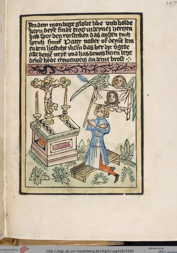 An illustration from 'Heidelberger Bilderkatechismus' (Handschrift) ; Biblia pauperum (Blockbuch) ; Totentanz (Blockbuch) u.a., 1455, leaf 305