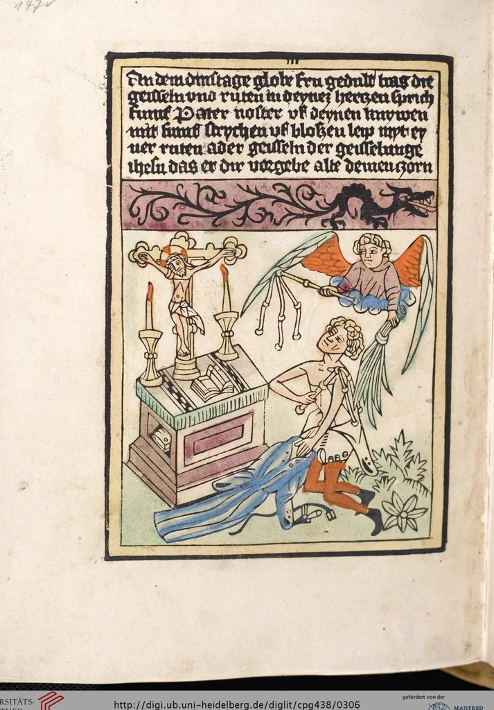 An illustration from 'Heidelberger Bilderkatechismus' (Handschrift) ; Biblia pauperum (Blockbuch) ; Totentanz (Blockbuch) u.a., 1455, leaf 306