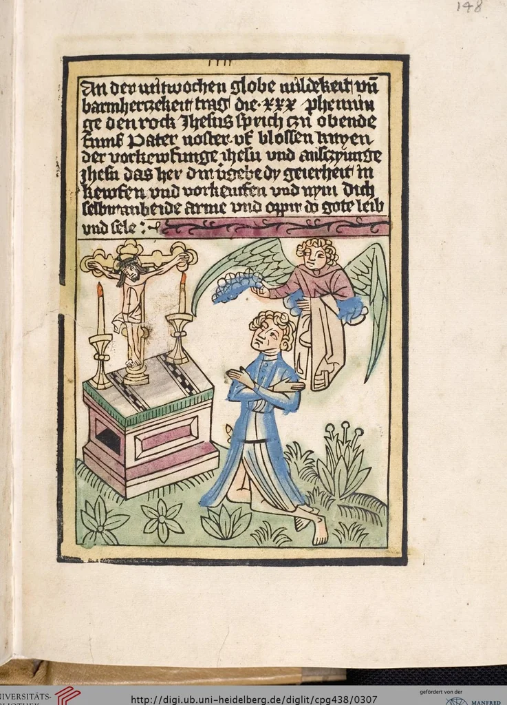 An illustration from 'Heidelberger Bilderkatechismus' (Handschrift) ; Biblia pauperum (Blockbuch) ; Totentanz (Blockbuch) u.a., 1455, leaf 307