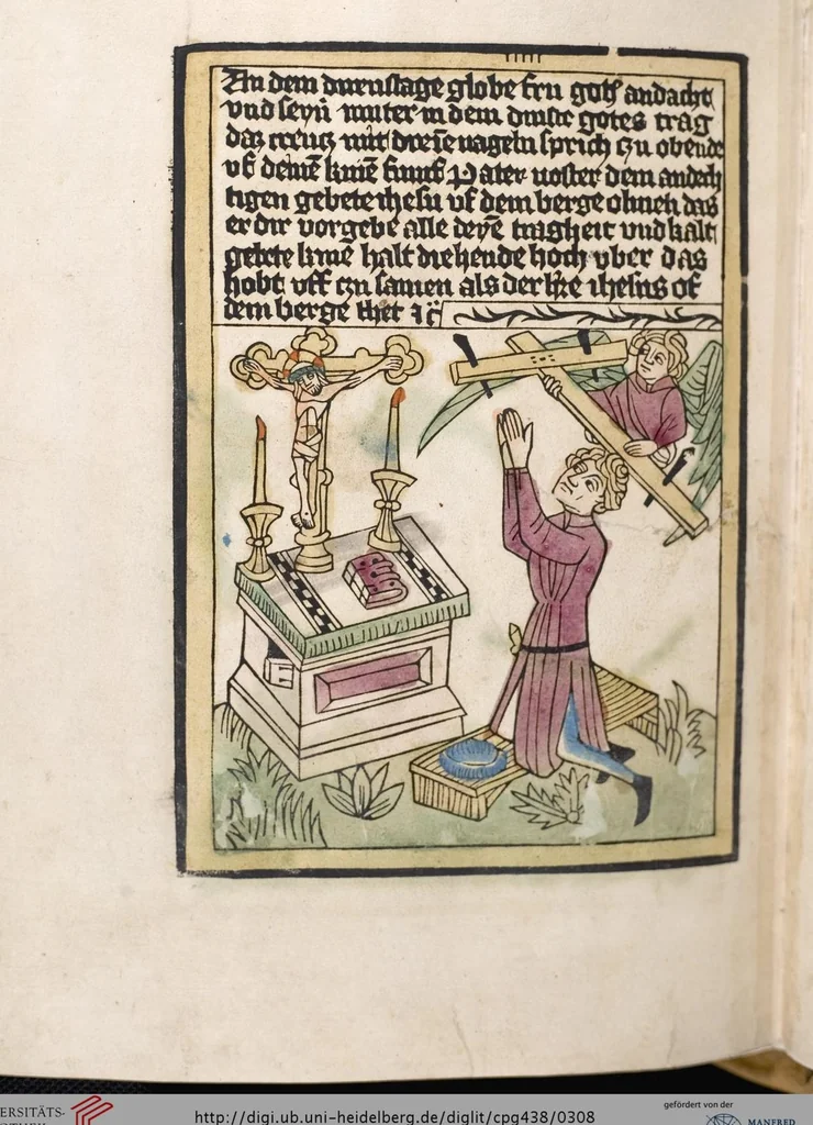 An illustration from 'Heidelberger Bilderkatechismus' (Handschrift) ; Biblia pauperum (Blockbuch) ; Totentanz (Blockbuch) u.a., 1455, leaf 308