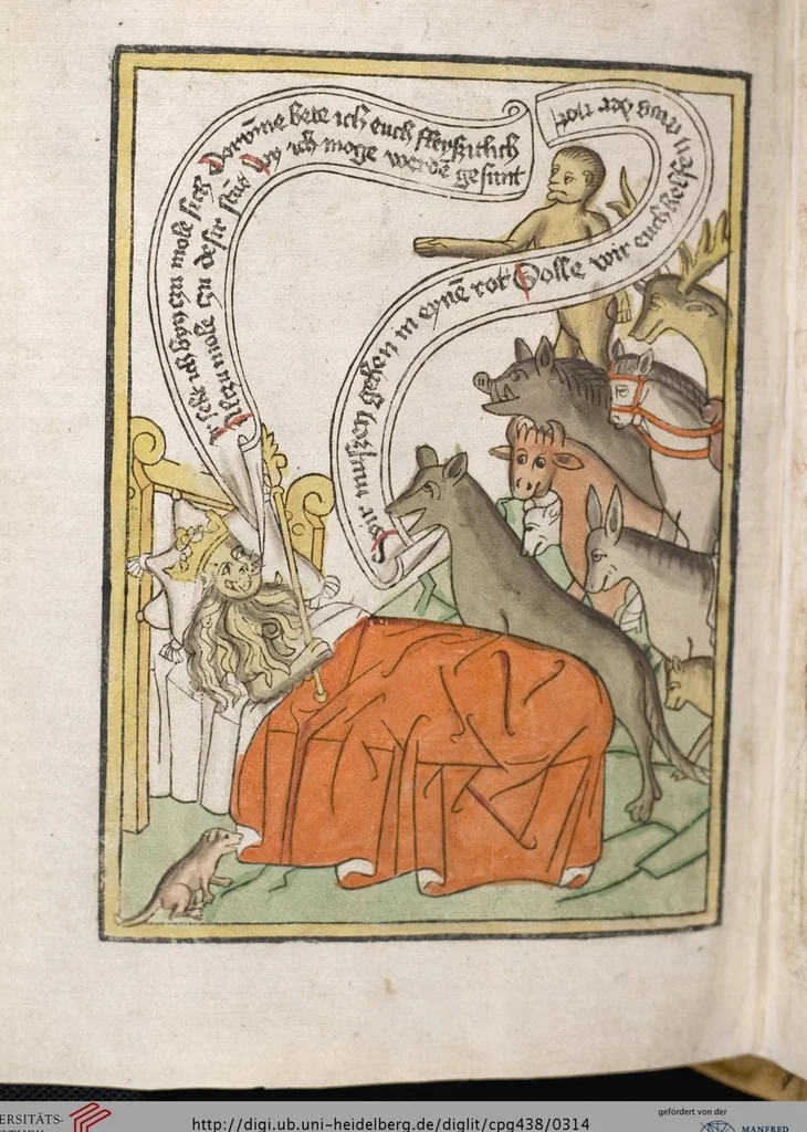 An illustration from 'Heidelberger Bilderkatechismus' (Handschrift) ; Biblia pauperum (Blockbuch) ; Totentanz (Blockbuch) u.a., 1455, leaf 314
