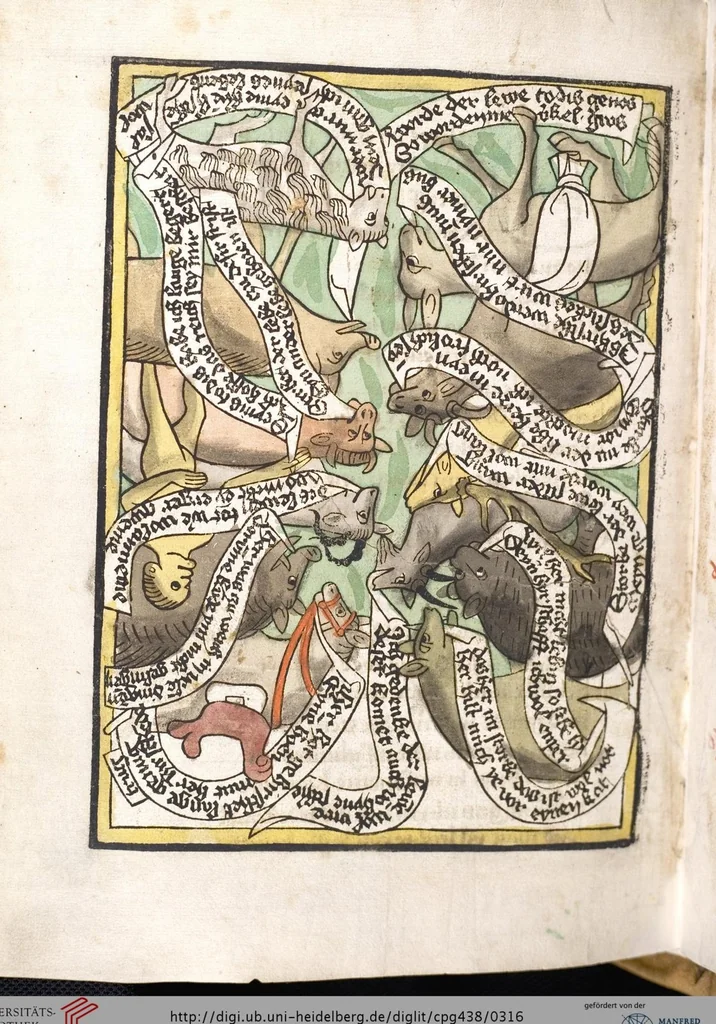 An illustration from 'Heidelberger Bilderkatechismus' (Handschrift) ; Biblia pauperum (Blockbuch) ; Totentanz (Blockbuch) u.a., 1455, leaf 316