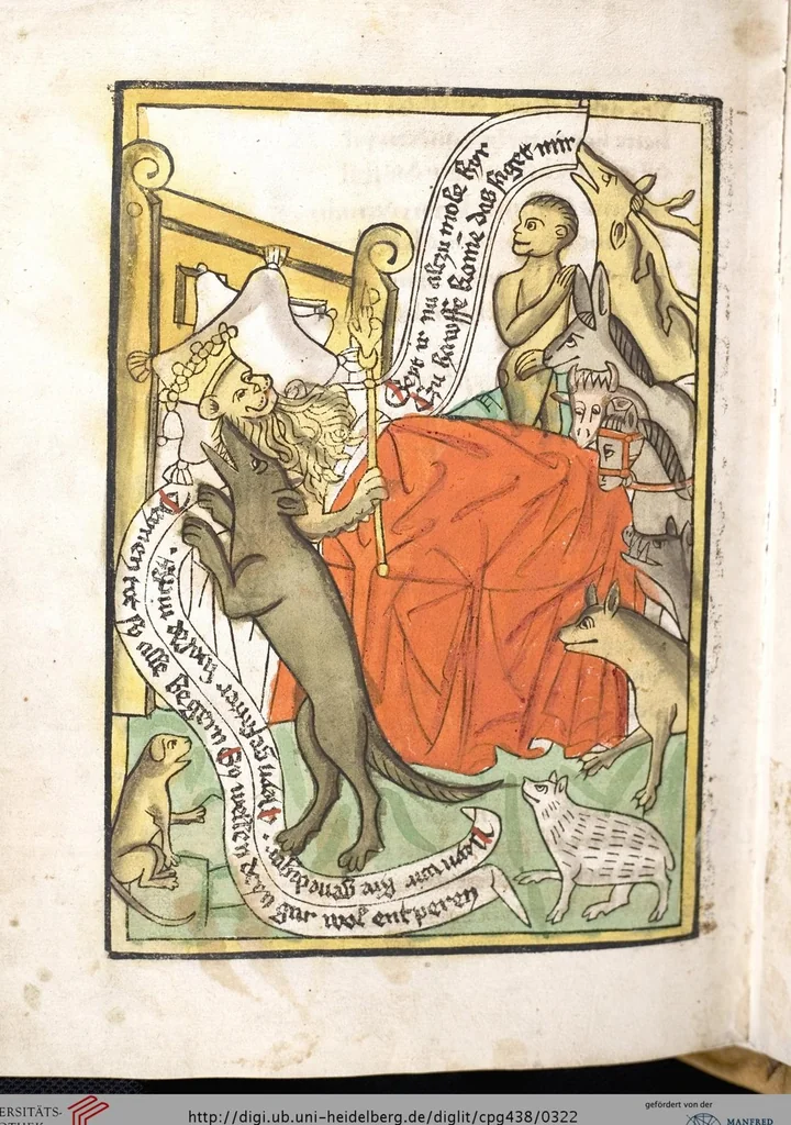 An illustration from 'Heidelberger Bilderkatechismus' (Handschrift) ; Biblia pauperum (Blockbuch) ; Totentanz (Blockbuch) u.a., 1455, leaf 322