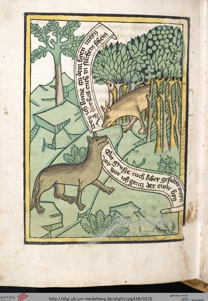 An illustration from 'Heidelberger Bilderkatechismus' (Handschrift) ; Biblia pauperum (Blockbuch) ; Totentanz (Blockbuch) u.a., 1455, leaf 326