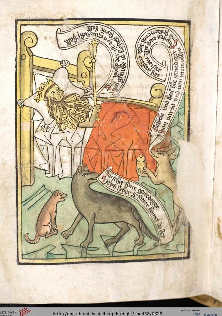 An illustration from 'Heidelberger Bilderkatechismus' (Handschrift) ; Biblia pauperum (Blockbuch) ; Totentanz (Blockbuch) u.a., 1455, leaf 328