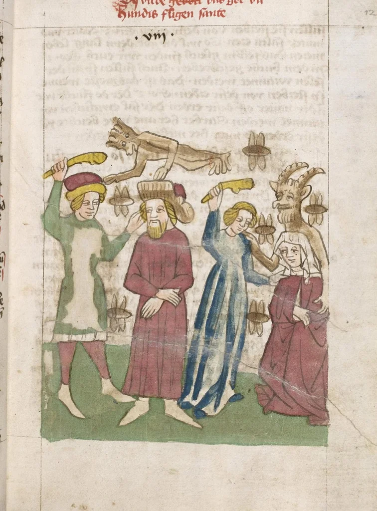 An illustration from 'Heidelberger Bilderkatechismus' (Handschrift) ; Biblia pauperum (Blockbuch) ; Totentanz (Blockbuch) u.a., 1455, leaf 33