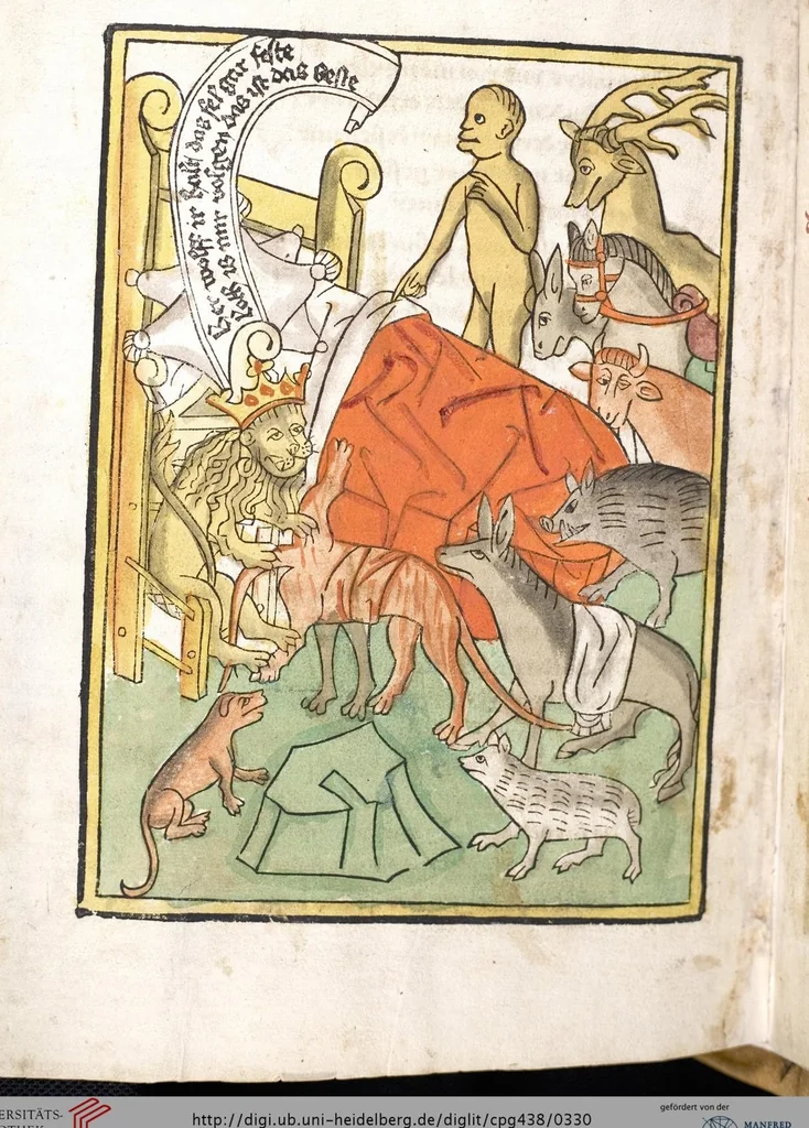 An illustration from 'Heidelberger Bilderkatechismus' (Handschrift) ; Biblia pauperum (Blockbuch) ; Totentanz (Blockbuch) u.a., 1455, leaf 330