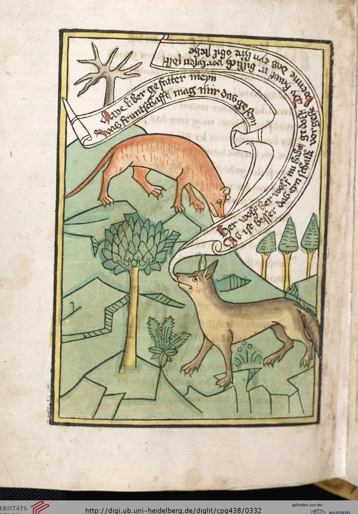 An illustration from 'Heidelberger Bilderkatechismus' (Handschrift) ; Biblia pauperum (Blockbuch) ; Totentanz (Blockbuch) u.a., 1455, leaf 332